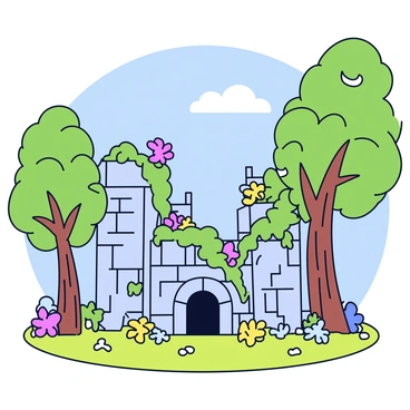 Ruins of an ancient castle overtaken by vines and flowers, nestled deep within a fantasy forest.
