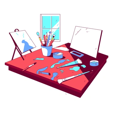 A red artist's table is cluttered with various vibrant paint tubes in shades of blue, scattered across its surface. Brushes of different sizes, with colorful bristles, are positioned haphazardly in a small white container. Sunlight streams in through a bright window, casting soft shadows on the table and highlighting the chaotic arrangement of art supplies. In the background, there is a hint of a white canvas leaning against a wall.