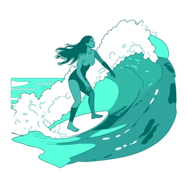 A teal woman with long flowing hair is riding a massive wave on a white surfboard with perfect balance. She is in a dynamic pose, leaning slightly forward as she skillfully navigates the crest of the wave. The wave towers around her, cascading with foamy white spray. The sunlight glints off the water, adding a sense of energy to the scene. The background features a vibrant ocean with several shades of blue contrasting against the foamy white of the wave.