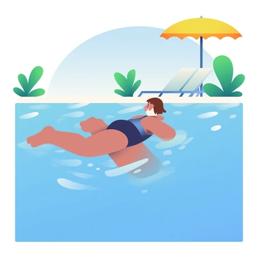 A swimmer with short brown hair is diving into a bright blue swimming pool. The swimmer is wearing a sleek black swimsuit, and their body is streamlined as they enter the water. The surface of the pool reflects sunlight, creating sparkling patterns. Around the pool, there are lush green plants and a set of white lounge chairs positioned under a bright umbrella. In the background, a clear blue sky is visible, enhancing the vibrant atmosphere of the scene.