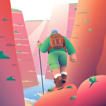 A lone explorer with sun-kissed skin is descending into a vast canyon. The explorer is wearing a rugged backpack, a green hiking jacket, and sturdy brown boots. In one hand, they hold a rope, while the other hand grips the rocky surface for support. The canyon walls are towering and lined with layers of red and orange rock, with tufts of sparse green vegetation clinging to the edges. Sunlight filters down into the canyon, casting soft shadows on the rocky terrain below. In the distance, a river can be seen winding through the bottom of the canyon, glistening in the sunlight.
