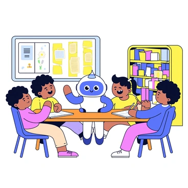 A small robot with a round body and a friendly face is sitting at a wooden desk in a cozy classroom. The robot has bright blue and white colors, with large expressive eyes and a cheerful smile. Around the robot, several children are enthusiastically working on their homework, using notebooks and colorful pencils. The classroom is decorated with educational posters on the walls and has a window letting in warm sunlight. A bookshelf filled with books stands in the corner, adding to the inviting atmosphere of the space.