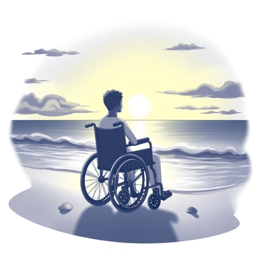 A person seated in a wheelchair on the sandy beach. The individual is facing toward the horizon as the sun sets, casting a soft glow. The sky is filled with various shades of yellow and black, creating a stark contrast against the silhouette of the person and the wheelchair. Gentle waves can be seen lapping at the shore, and there are a few scattered seashells in the sand nearby. The atmosphere is calm and peaceful, emphasizing the beauty of the moment.
