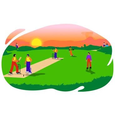 A cricket game taking place on a green field during the late afternoon. The sun is setting on the horizon, casting long shadows of the players and the cricket equipment across the ground. The sky displays warm hues of orange and pink as the sun dips lower. A group of players in colorful uniforms is actively playing, with one player ready to bat while another bowls the cricket ball. Nearby, spectators are seated on the grassy edge, enjoying the game and the view of the sunset.