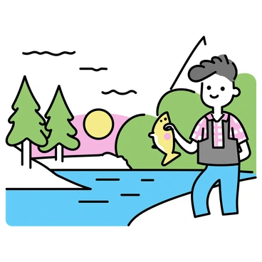 An angler stands at the edge of a river, holding a brook trout by its tail. The angler is wearing a plaid shirt and a fishing vest, with a satisfied expression on their face. The brook trout has colorful markings, showcasing its vibrant patterns. In the background, the sun is setting, casting warm orange and pink hues across the sky. The water reflects these colors, creating a shimmering effect on the river's surface. Lush green trees line the riverbank, framing the scene and adding depth to the composition.