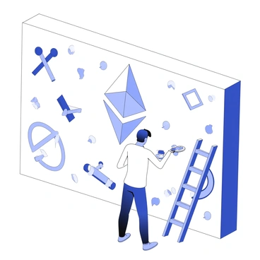 An artist stands in front of a large city wall, holding a paintbrush and palette. The wall is covered with a mural that features various symbols and themes associated with Ethereum. Prominently displayed are interconnected geometric shapes representing the Ethereum logo. Surrounding these are abstract designs that suggest the concepts of blockchain technology, such as chains and nodes. The artist is focused on a specific area, adding intricate details to the mural, while a ladder leans against the wall nearby. The scene captures a sense of creativity and urban expression.