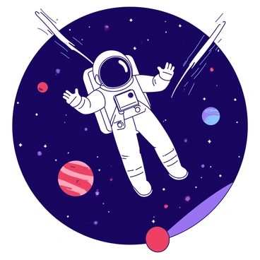 An astronaut floating in space among colorful planets and shooting stars.