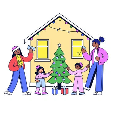 A family consisting of two adults and two children is decorating their home for the holidays. The adults are hanging colorful string lights along the edges of the roof while the children are joyfully placing shiny ornaments on a small pine tree in the front yard. The house has a warm, inviting look with windows adorned with festive decorations. The ground is covered with a light dusting of snow, and a few wrapped presents are placed in front of the tree.