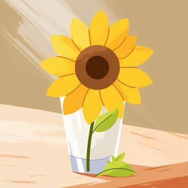 A vibrant yellow sunflower with a bold brown center is placed upright in a clear glass shot glass, which acts as a tiny vase. The sunflower's large, bright petals extend outward, creating a striking contrast against the glass. The shot glass is positioned on a wooden surface, showcasing the natural grain of the wood. Sunlight filters through the petals, casting soft shadows on the table, while a few green leaves are tucked around the base of the flower, enhancing its fresh appearance.