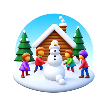 A snowy landscape with a thick blanket of snow covering the ground. Several children wearing colorful winter clothing are building a snowman, carefully stacking snowballs and decorating it with a carrot nose and stones for eyes. In the background, there is a cozy cabin with smoke gently rising from the chimney, surrounded by tall pine trees dusted with snow. The sky is a clear blue, adding to the cheerful atmosphere.