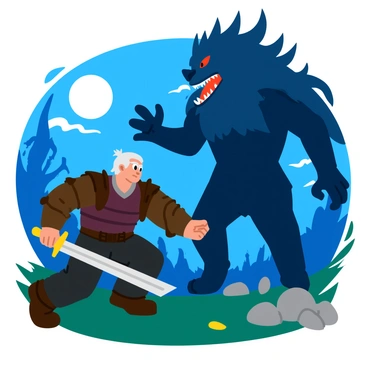 A witcher engaged in an intense battle with a towering, snarling monster under a full moon
