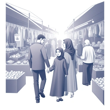 A Muslim girl is holding hands with her parents. They are walking together through a busy market scene. The market is crowded with various stalls displaying an array of goods, such as textiles, fruits, and handmade crafts. The girl is wearing a long, modest dress, and a hijab. Her parents are beside her, engaged in conversation. The atmosphere is lively, with people interacting and browsing through the merchandise.