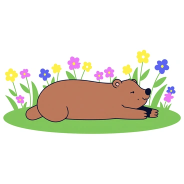 A wombat lying down in a vast field. The wombat has a brown, fuzzy coat and is resting comfortably on the green grass. Surrounding the wombat, there are various wildflowers in bright colors, including yellows, purples, and pinks, creating a vibrant contrast with the greenery. The wildflowers are scattered throughout the field, swaying gently in a light breeze.