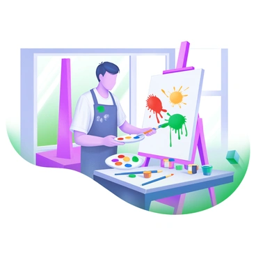 A modern pastel illustration depicting an artist standing in front of a large canvas. The artist is holding a paintbrush, with vibrant colors on the palette in their other hand. Splashes of paint in bright red, yellow, blue, and green are visible on the canvas. The artist is wearing a smock with paint stains, and the scene includes a cluttered table with various brushes and paint tubes. The background features a bright studio filled with natural light coming through a window.