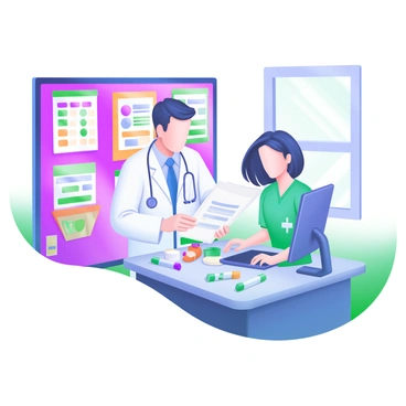 A modern pastel illustration depicting a doctor and a nurse collaborating at a nurses' station. The doctor, wearing a white coat and a stethoscope, is examining a patient file while the nurse, dressed in scrubs, is typing on a computer. The nurses' station features a large bulletin board filled with colorful notices and charts. There are medical supplies organized on the counter, including a thermometer and bandages. A window in the background allows natural light to illuminate the scene.