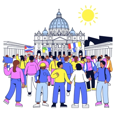 A diverse crowd of people gathered in St. Peter's Square, eagerly facing the iconic basilica. Individuals of various ages and backgrounds hold flags and banners, showing their excitement. Some people are wearing hats or scarves in the colors of their countries. The sun shines brightly above, casting shadows on the cobblestone square. In the background, the grand facade of St. Peter's Basilica looms large, with its domed roof and intricate architectural details.