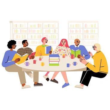 A diverse group of people gathered around a circular table engaged in a lively discussion at a book club meeting. There are five individuals: a woman with curly black hair wearing glasses, a man with short brown hair and a plaid shirt, a woman with long red hair and a floral dress, a man with a bald head and a blue sweater, and a woman with straight blonde hair in a yellow cardigan. Each person is holding a book and animatedly sharing their thoughts. A stack of books is placed in the center of the table, and colorful mugs filled with coffee and tea are scattered around. The walls are adorned with shelves filled with books, creating a cozy atmosphere.