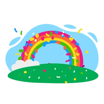 A vibrant rainbow arching across the sky, made entirely out of swirling confetti pieces in various colors. Each segment of the rainbow is composed of numerous small, shiny pieces of confetti, reflecting light in a playful manner. The scene is filled with a bright blue sky in the background, contrasting the colorful confetti. Below the rainbow, a grassy field adds a touch of green to the composition, dotted with more scattered pieces of confetti, enhancing the festive atmosphere.