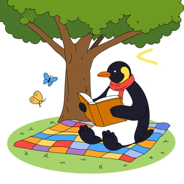 Feathers McGraw, a penguin with a distinctive beak and a sly expression, is sitting comfortably under a large leafy tree. He is wearing a small, red scarf around his neck. In his flippers, he holds an open book, intently focused on the pages. Beside him, a colorful patchwork blanket is spread out on the grass, adding a cozy touch to the scene. Sunlight filters through the tree's branches, casting playful shadows on the ground around him. A few whimsical butterflies flutter nearby, enhancing the cheerful atmosphere.