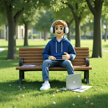 A student with light brown hair wearing a blue hoodie and jeans sits on a wooden park bench. They have large, over-ear headphones on and a relaxed expression on their face. Beside them lies a closed laptop and an open notebook with colorful pens scattered around. The park is filled with green grass and a few blooming flowers. In the background, there are tall trees with dappled sunlight filtering through the leaves. The student enjoys a moment of peace during their break from studying.