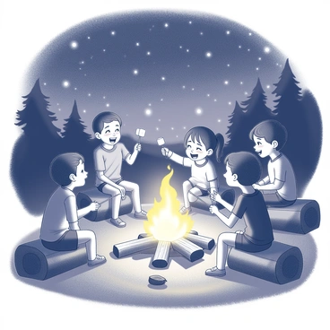 A group of children sitting on logs and blankets around a campfire. The fire is flickering brightly, casting warm shadows on their excited faces. Some kids are holding sticks with marshmallows skewered at the ends, roasting them over the flames. Others are animatedly sharing stories, with wide smiles and gestures. The night sky above is filled with numerous stars, creating a twinkling backdrop for the gathering. The setting is surrounded by trees, with silhouettes providing a sense of enclosure and warmth.