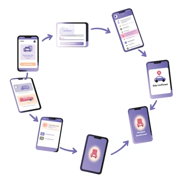 A digital flat illustration displaying a sequence of steps for a user booking a ride through a ride-sharing app. The first step shows a smartphone displaying the app's home screen with an icon of a car and a map in the background. The second step illustrates the user entering their pickup and drop-off locations in the app, with a highlighted text box showing "Enter pickup" and "Enter destination". The third step features a list of available cars with different prices, each car represented by a simple, colorful icon. The fourth step depicts the user selecting a car, with the chosen car icon enlarged and surrounded by a glowing effect. The final step showcases a confirmation screen with the text "Ride Confirmed" and an estimated arrival time displayed prominently. Each step is visually connected with arrows to guide the viewer through the process.
