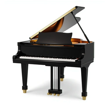 A grand piano with a polished black finish, featuring a full keyboard layout. The keys are a striking contrast of glossy black and white, reflecting the light from above. A bright spotlight illuminates the keyboard, creating a dramatic effect that accentuates the sheen of the keys. The pedals of the piano are visible at the base, made of shining metal, adding to the overall elegance of the instrument. The surrounding area is softly lit, focusing attention on the piano itself.
