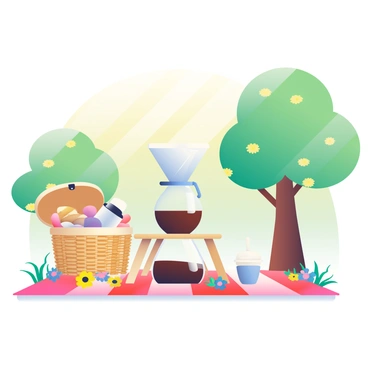 A V60 coffee dripper made of white ceramic is positioned on a light wooden stand, resting on a vibrant picnic blanket with a red and white checkered pattern. The dripper is filled with fresh coffee grounds, and a glass carafe beneath it captures the rich, dark liquid as it drips down. Surrounding the setup are several colorful wildflowers in shades of yellow, purple, and blue, adding a touch of nature to the scene. In the background, lush green trees are dotted with sunlight filtering through the leaves, creating a serene atmosphere. A wicker basket with an open lid sits nearby, revealing fresh pastries and a reusable coffee cup.