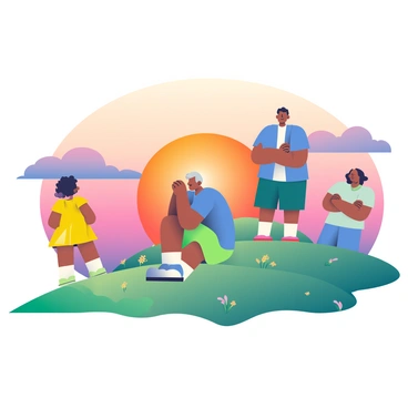 A group of people of different races and ages is standing on a hilltop, watching a vibrant sunset. In the foreground, there is a young girl with dark skin and curly hair wearing a bright yellow dress, standing next to an elderly man with light skin and gray hair in a blue shirt. Nearby, a teenage boy with medium skin and short hair is sitting on the grass, leaning back on his hands, while a woman with brown skin and long hair is standing with her arms crossed, looking toward the horizon. The sky is filled with shades of orange, pink, and purple as the sun sets in the background, casting a warm glow over the scene. The hilltop is adorned with patches of green grass and a few scattered wildflowers, adding color to the landscape.