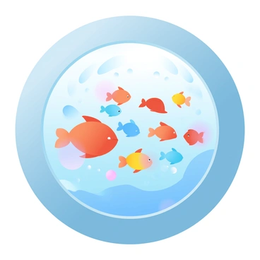 A circular porthole of a submarine is positioned prominently in the center of the image. Through the porthole, a vibrant school of colorful fish in various shapes and sizes swims gracefully underwater. The fish display bright hues of orange, blue, yellow, and red, contrasting beautifully with the rich blues and greens of the water surrounding them. Bubbles float gently from the fish, adding a sense of movement to the scene. Sunlight filters down from the surface, creating shimmering patterns in the water that enhance the underwater atmosphere.