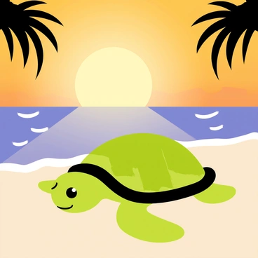A green sea turtle resting on a sandy beach with its shell reflecting shades of green. The turtle is positioned in the foreground, basking in the warm glow of a golden sunset that casts a soft light across the scene. In the background, there are gentle waves lapping at the shore and a gradient sky transitioning from orange to deep purple. Silhouettes of palm trees can be seen on the sides, framing the view, enhancing the tranquil atmosphere of the beach.