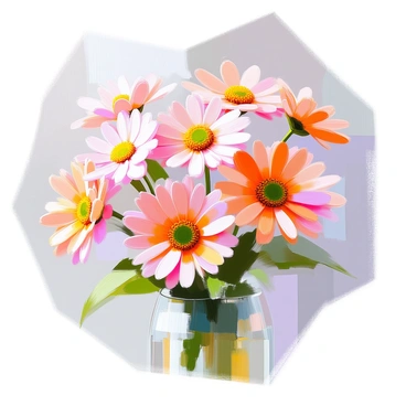 A watercolor painting featuring a bouquet of vibrant gerbera daisies in pastel shades. The daisies are in various sizes and arranged in a loose formation, showcasing shades of pink, peach, yellow, and lavender. The delicate petals have a soft texture and subtle variations in color that capture the light. Green leaves are interspersed among the flowers, adding depth to the composition. The background is a gentle wash of light colors that accentuates the brightness of the daisies.