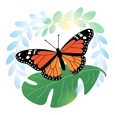 A monarch butterfly with striking orange and black wings is resting gently on a vibrant green leaf. The leaf is large and glossy, showcasing intricate veins and a rich texture. The background is filled with soft, blurred shades of green and hints of other foliage, enhancing the attention on the butterfly and the leaf. Sunlight filters through the leaves above, creating warm highlights on the butterfly's wings.