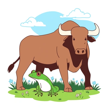 A green frog is inflating itself, puffing up its body to appear larger, while standing next to a colossal brown ox. The frog has bright, shiny eyes and its skin is glistening under the sunlight. The ox's muscular frame towers over the frog, with its strong legs planted firmly on the lush green grass of the pasture. Surrounding them are scattered wildflowers adding vibrancy to the scene. The sky above is clear with a few fluffy white clouds drifting by.