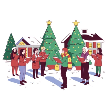 A group of carolers stands in the center of a town square, singing joyfully. The carolers are dressed in festive clothing, with some wearing scarves and hats. Surrounding them are decorated trees adorned with colorful ornaments and twinkling lights. The snow-covered ground glistens under the soft glow of the lights, enhancing the cheerful atmosphere. In the background, quaint buildings add charm to the scene, and a large star is placed atop a prominent tree.