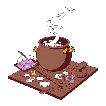 A brown steampunk-themed cauldron is situated on a wooden workbench surrounded by various tools. The cauldron features intricate gears and brass steam pipes protruding from its sides. Wisps of white steam are rising from the spout, swirling through the air above the cauldron. Nearby, small glass vials filled with colorful liquids are scattered across the workbench. The surface is cluttered with scraps of metal and parts of machinery, enhancing the steampunk aesthetic.