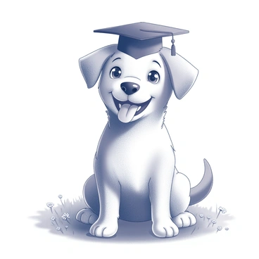 A dog wearing a tiny graduation cap, playfully sitting on a lawn