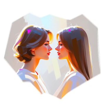 Two profiles of individuals facing each other, creating a mirrored effect. One profile features a person with wavy hair and strong cheekbones, while the other has straight hair and soft features. The contrasting hairstyles and facial structures align in such a way that their combined silhouettes form a distinct third image in the negative space between them. The background is a gentle gradient that enhances the profiles without drawing attention away from the central forms.