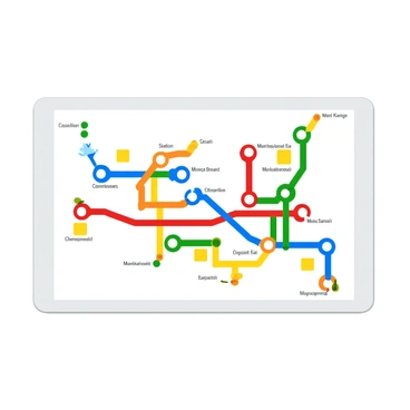 A colorful metro map displayed on a white wall. The map features various transit lines in vibrant colors, including red, blue, green, and yellow. Each line is represented by a thick, distinct stroke that weaves through the map, connecting various circular and square station icons. The names of the stations are clearly labeled in bold letters, and there are small icons indicating transfer points. The background of the map is simple, allowing the colorful lines and stations to stand out prominently.