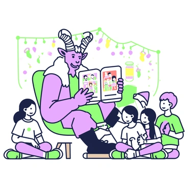Krampus reading a holiday storybook to a group of attentive children