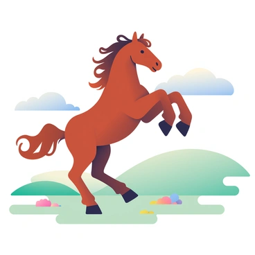 A bucking horse with a glossy chestnut coat is rearing up on its hind legs in the center of the image. Its mane flows dramatically, catching the wind. The horse's powerful muscles are highlighted as it kicks its front legs upwards. Surrounding the horse is a gently rolling landscape with soft green hills and patches of colorful wildflowers. In the background, there are light blue clouds scattered across a pale sky, hinting at a calm day. The overall color palette features soft pastels, creating a smooth and harmonious visual experience.