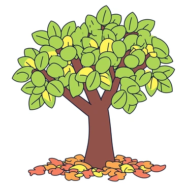 An amla tree with a thick trunk and vibrant green leaves, showcasing the beginning of autumn with some leaves starting to turn yellow and orange. The ground is covered with a layer of fallen leaves in varying shades of brown and gold, creating a textured blanket beneath the tree. The tree’s branches are slightly bent under the weight of the ripening amla fruits, which are bright green and round.