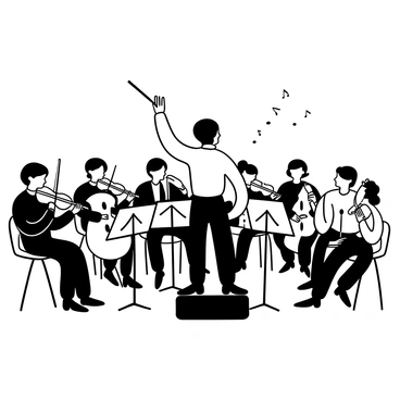 A conductor stands in front of an orchestra, holding a baton high. The orchestra consists of musicians playing various instruments, including violins, cellos, and brass instruments. Sheet music is displayed on music stands in front of each musician, and the musicians are focused on their performance. The arrangement of instruments forms a semi-circle around the conductor, who is dressed in formal attire. Sound waves are visually represented, emanating from the instruments to suggest harmony.