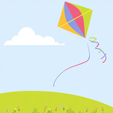 A colorful kite shaped like a diamond with vibrant red, yellow, blue, and green sections is soaring high in the clear blue sky. The kite has a long, flowing tail with ribbons dancing in the wind. Below, a grassy hillside is covered with lush green grass dotted with small wildflowers in various colors. There are a few fluffy white clouds scattered across the sky, and the sunlight casts a warm glow on the scene, highlighting the joyful movement of the kite.