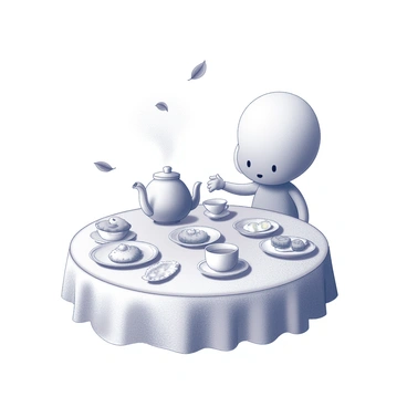 A charming peep hosting a tea party with tiny cups and saucers
