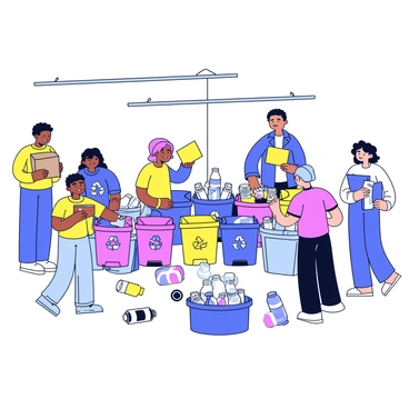 A busy recycling center filled with various bins for sorting materials. Several people are actively engaged in sorting, with one person holding a cardboard box, another separating plastic bottles, and a third one placing glass jars into a designated bin. The center is organized, with clear labels on each bin indicating the type of material to be disposed of. There is a bright overhead light illuminating the area, and the floor is covered with scattered recyclable items that are waiting to be sorted.