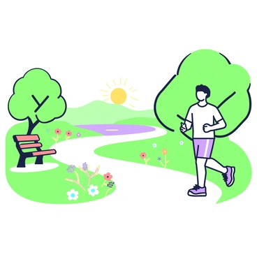 Mr. Sakamoto is jogging along a winding path in a scenic park during the early morning hours. He is wearing a light athletic shirt and shorts, with running shoes designed for comfort. The sun is rising in the background, casting gentle light across the park. Lush green trees line the path, their leaves fluttering in a light breeze. In the distance, there is a small pond with a reflection of the surrounding nature. A few colorful flowers are blooming along the edges of the path, adding vibrancy to the scene. A park bench can be seen to the side, inviting for a moment of rest.