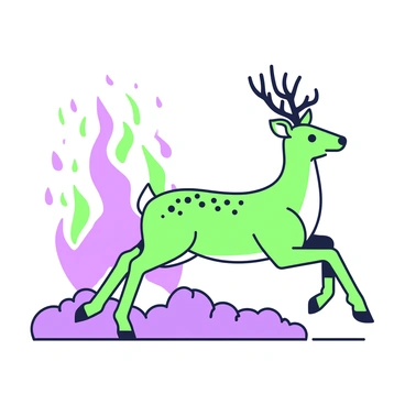 A deer with a graceful posture is leaping away from a wildfire. The deer has a detailed coat with distinct spots visible. In the background, flames are rising, casting light and shadows, creating a dynamic scene. The fire appears intense with bright tongues of flame reaching upward, contrasting with the silhouette of the deer. The ground is uneven and scorched, suggesting the recent impact of the fire, enhancing the urgency of the deer’s escape.