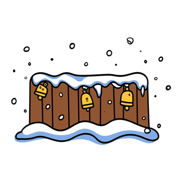A wooden fence covered in a layer of white snow, with the wood showing through in some areas. The fence has several colorful jingle bells hanging from it, reflecting light and adding a festive touch. Soft snowflakes are gently falling around the scene, creating a winter wonderland atmosphere. The sky above is a pale blue, enhancing the serene feel of the snowy setting.