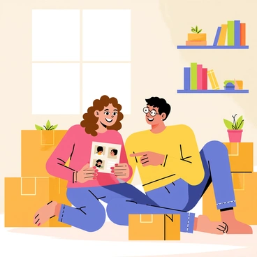 A couple is sitting on the floor of a cozy living room, surrounded by cardboard boxes. The woman, with curly brown hair, holds an old photograph in her hands, and both are smiling as they look at it together. The man, with short black hair and glasses, leans in closer, pointing at the photo. In the background, there are shelves filled with books and small souvenirs. Sunlight filters through a window, casting a warm glow over the scene, highlighting the couple's expressions of nostalgia and joy.